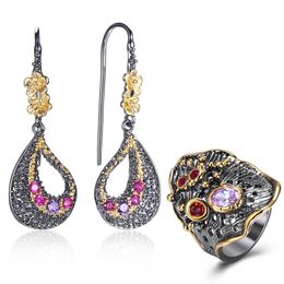 Boucles d'oreilles en cristal violet fuchsia bague ensemble de bijoux feuille boucles d'oreilles jolies 2 pièces ensembles de bijoux pour femmes cadeaux d'anniversaire179j