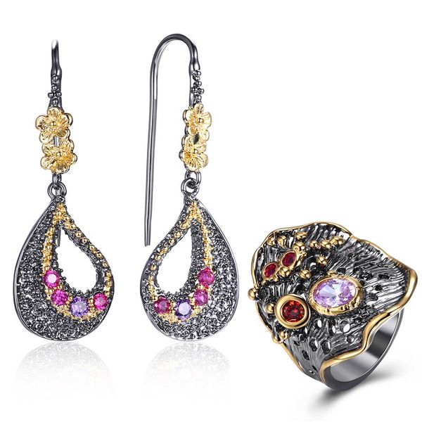 Boucles d'oreilles en cristal violet fuchsia bague ensemble de bijoux feuille boucles d'oreilles jolies 2 pièces ensembles de bijoux pour femmes cadeaux d'anniversaire235g