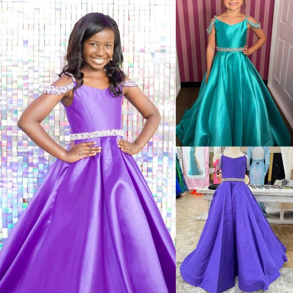 Vestido morado para desfile de niña 2024 Correas de cristal Vestido de fiesta formal de cumpleaños para niños pequeños Adolescentes pequeños Preadolescentes Tiny Young Junior Miss Jade Una línea hasta el suelo Jade