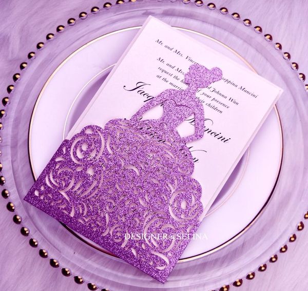 Cartes d'invitation de mariage découpées au Laser à paillettes violettes, cartes à saupoudrer pour anniversaire 15 Quinceanera, douces 16ème invitations5441949