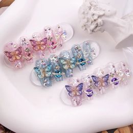 Paarse glitter Strass vlinder handgemaakte pers op nagels Y2K lange korte kunstnagels meisje sieraden herbruikbare nepnagels tips 231227