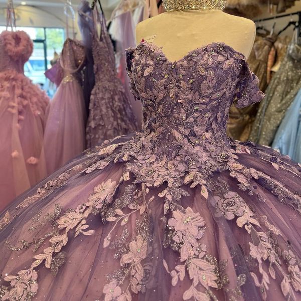 Robe De bal violette à paillettes, épaules dénudées, avec des appliques en dentelle et des perles, Corset De 15 ans