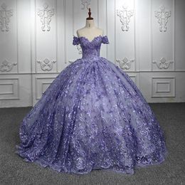 Robe princesse Quinceanera en Tulle violet à paillettes, épaules dénudées, dentelle florale appliquée, à lacets, robe de bal, 15 verde