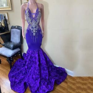 Robe de bal violette magnifique, Sexy, col licou, perles appliquées, sirène, robes de soirée avec fleurs en cascade, 0306