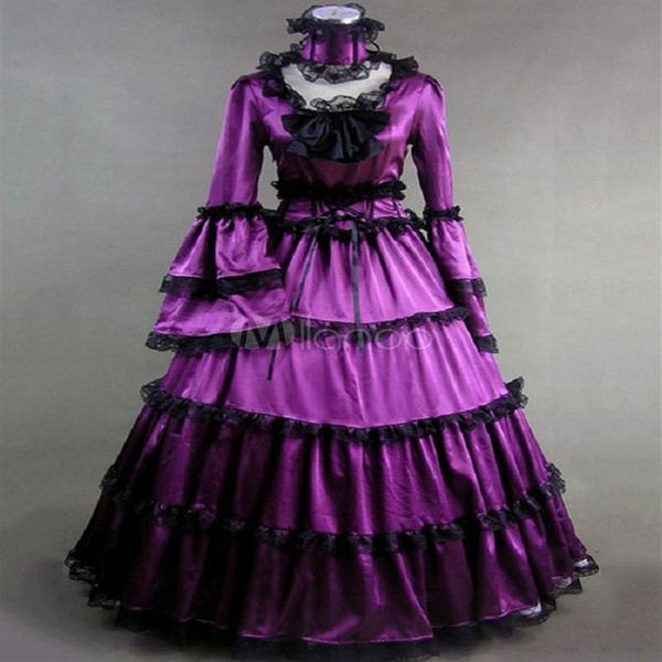 Robes de mariée gothiques violettes victoriennes médiévales 18ème costume mascarade manches longues robes de soirée de mariage pleine longueur à plusieurs niveaux Recep220S