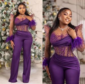 Paarse druiven jumpsuits prom -jurken kralen plus size avondjurken veren verenden lange mouwen illusie batau nek special ocn formele jurken voor vrouwen