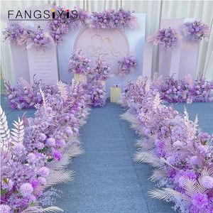 Arrangement de rangées de fleurs artificielles violet vert, chemin de mariage, aménagement d'arc de Table, décoration murale de fête 240219