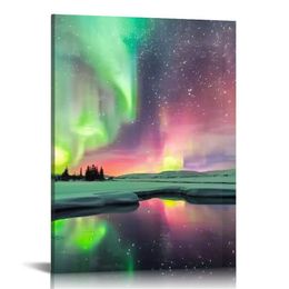 Purple Green Northern Lights Modern Canvas Imprime incroyable Aurora Borealis Landscape Wall Art Pictures For Home Decor Living Room Office prêt à accrocher