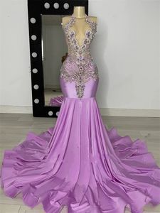 Robe De Bal longue violette, col licou, pour filles noires, perles, cristal et diamants, robes De fête d'anniversaire, Robe De soirée sirène