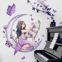 Haubéronnier violet Girl Moon Wolf Wall Sticker pour la chambre de chambre pour enfants décoration auto-adhésive Sticker mural en gros