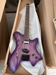 Guitare électrique à six cordes diagonales sans tête violette, corps en bois de cire blanche, manche en érable, vente directe d'usine