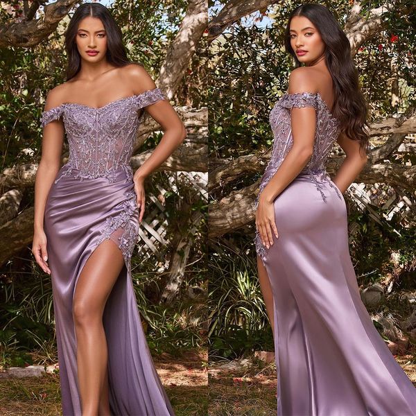 Robe de soirée sirène violette, fente haute, épaules dénudées, appliques de fleurs, Satin élégant pour femmes, robes de soirée