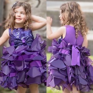 Mini robes courtes à fleurs pour filles, violet, à volants, à paillettes, à paillettes, robes de concours de cupcakes