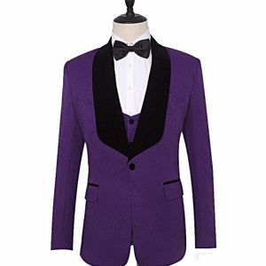 Purple Paisley Groom Tuxedos Black Velvet Lapel Groomsmen Wedding Dress Popular Man Business Dinner Prom Blazer (Veste + Pantalon + Cravate + Gilet) 1027
