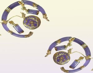 Purple Jade Gold Fortune Dragon Phenix Pulsero Pendientes colgante de colgantes 5256832
