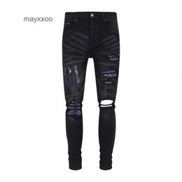 Purple Jean Amiiris Designer Jeans Mens Fashion Trendy Fashion Letter Borduurde cashewbloem Skinny Nzev