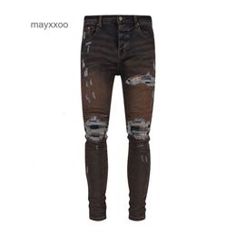 Paarse Jean Amiiris Designer jeans heren mode gemaakt versleten gaten heren slank fit kleine voeten elastisch water wassen jeugd Koreaanse versie trendy bedelaar uo4y