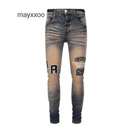 Jeans Purple Jean Amiiris Jeans Fashion Fashion New Dirty Borded Letter Mens Slim Fit Elastic Feet Pants D7H6