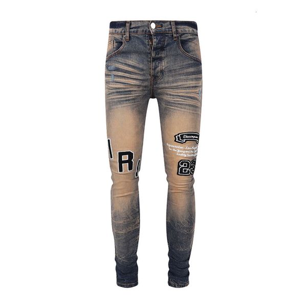 Jean violet Amiiris Designer Jean hommes mode nouveau sale lettre brodée hommes coupe ajustée pieds élastiques pantalon