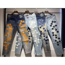 Violet Jean Amiiris Designer Jeans Hommes High Street Broken Orange Star Patch Slim Fit Petit Pied Plein Ciel Stretch Mode Homme