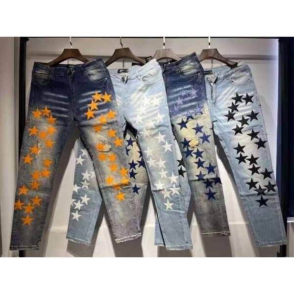 Púrpura Jean Amiiris Jeans de diseñador para hombre High Street Broken Orange Star Patch Slim Fit Small Foot Full Sky Stretch Moda para hombres