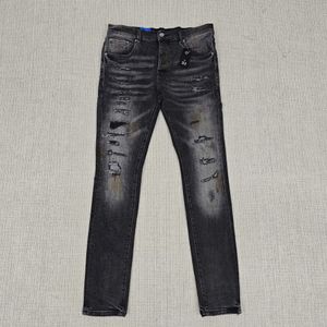 Jean violet étiquette noire teintée de rue haute destruction lavage noir réparation basse augmentation skinny jeans jeans en gros