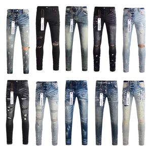 Paarse jeans ontwerper voor heren merk gat skinny motorfiets trendy gescheurd patchwork het hele jaar door slanke benen sdouc