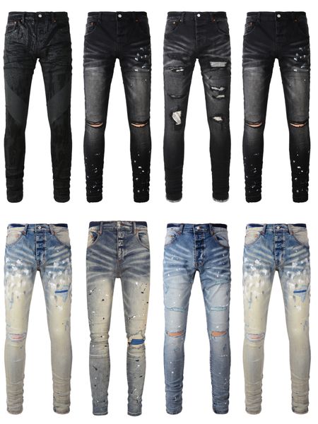 Jeans violets jeans de créateur pour hommes pantalons empilés jeans hommes baggy denim larmes jean européen pantalons pour hommes pantalons biker broderie jeans pour hommes coupe slim