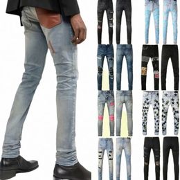 Jeans morados Jeans de diseñador Jeans para hombre Hombres Rodilla Flaco Recto Tamaño 28-40 Motocicleta Moda Largo Agujero Recto High Street Denim Venta al por mayor 2 piezas 1 E6ET #