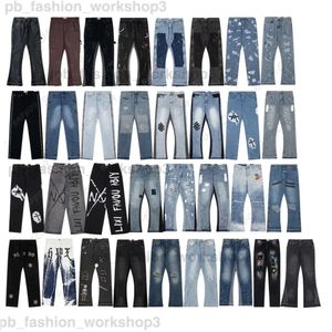 Paarse Jeans Designer Jeans Heren Jeans Vintage Bespatte Inkt Trendy High Street Vibe Uitlopende Wijde Pijpen Mannen Distressed Ripped Rock 628