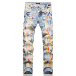 Lila Jeans Designer Jeans Herren Gerade Jeans Herren Knie Skinny Gerade Größe 30-38 Motorrad Trendy Langes Gerades Loch High Street Denim Großhandel 3549