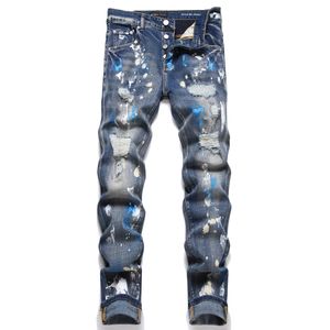 Jeans morados Jeans de diseñador pintados rasgados para hombre Jeans rectos Hombres Rodilla Flaco Recto Tamaño 30-38 Motocicleta Moda Largo Agujero recto Denim al por mayor 3596