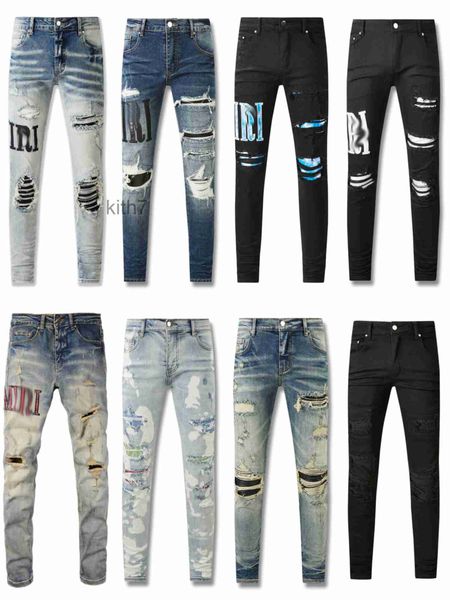 Jeans morados Pantalones de hombre de diseñador Parches de estrellas con estiramiento Culto Motocicleta Moda Largo recto Todo el año Delgado Graffiti Agujero Piernas L6 3W3O