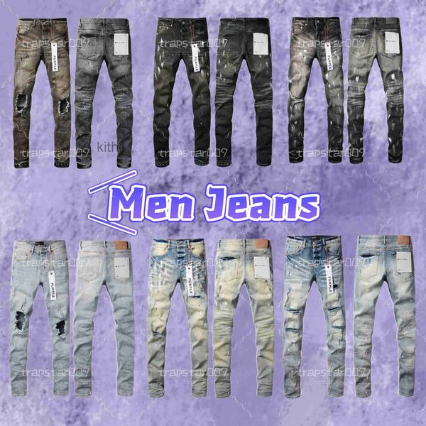Jeans morados Diseñador Hombres Hasta la rodilla Flaco Recto Moda Largo Rasgado High Street Tamaño 29-40 6JDH