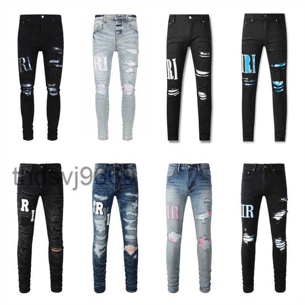 Violet Jeans Designer Hommes Hommes Genou Skinny Taille Droite 29-40 Moto Tendance Long Trou High Street Denim En Gros 47Z6