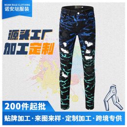paarse jeans designer herenbroek Chaopai High Street's nieuwe mid tot high-end met noodlijdende gaten slim fit legging #DS321