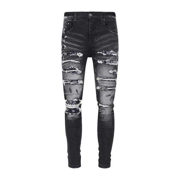 pantalones vaqueros morados pantalones para hombre de diseñador Nueva marca de moda de la calle principal gris desgastado lavado andrajoso flor de anacardo parche plisado agujero rasgado ajuste delgado para hombres