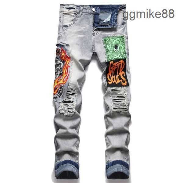 Jeans morados para hombres Jeans de diseñador Pantalones de chándal elásticos de moda Pantalones pitillo de lujo Patrón de estrellas casuales Pantalones rasgados de gran tamaño Moda Streetwear 3X4E