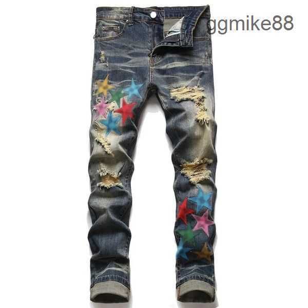 Jeans morados para hombres Jeans de diseñador Pantalones de chándal elásticos de moda Pantalones pitillo de lujo Patrón de estrellas casuales Pantalones rasgados de gran tamaño Moda Streetwear GSHQ