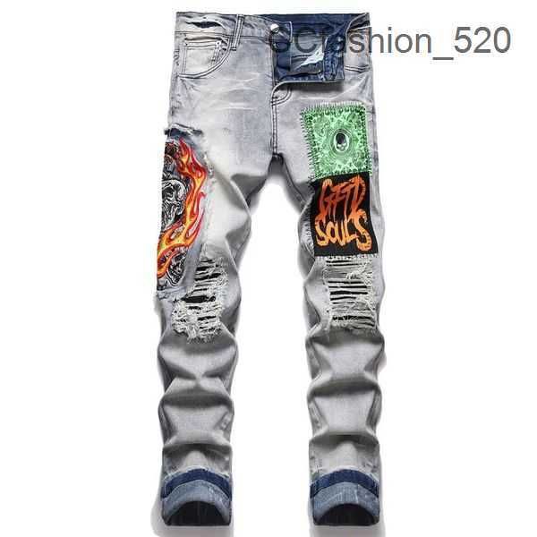 Jeans morados para hombres Jeans de diseñador Pantalones de chándal elásticos de moda Pantalones pitillo de lujo Patrón de estrellas casuales Pantalones rasgados de gran tamaño Moda Streetwear JJ56