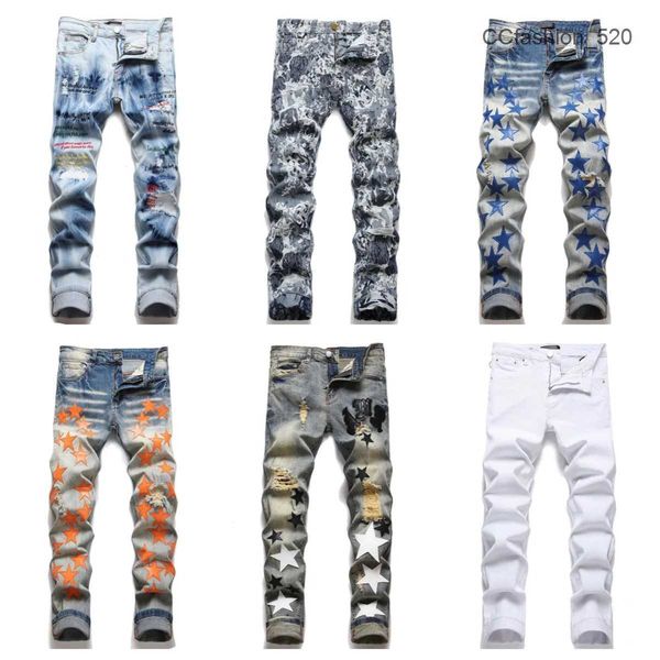 Jeans morados para hombres Jeans de diseñador Pantalones de chándal elásticos de moda Pantalones pitillo de lujo Patrón de estrellas casuales Pantalones rasgados de gran tamaño Moda Streetwear GO0R