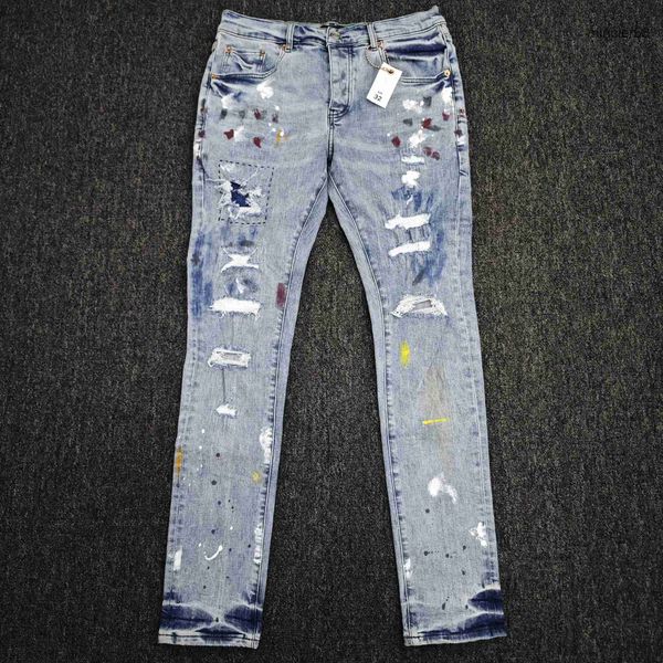 Jeans Purple High Street Paint Street Paint Paint Repare de baja altura Destrucción del lavado para hombres Jeans Drop de fábrica de fábrica