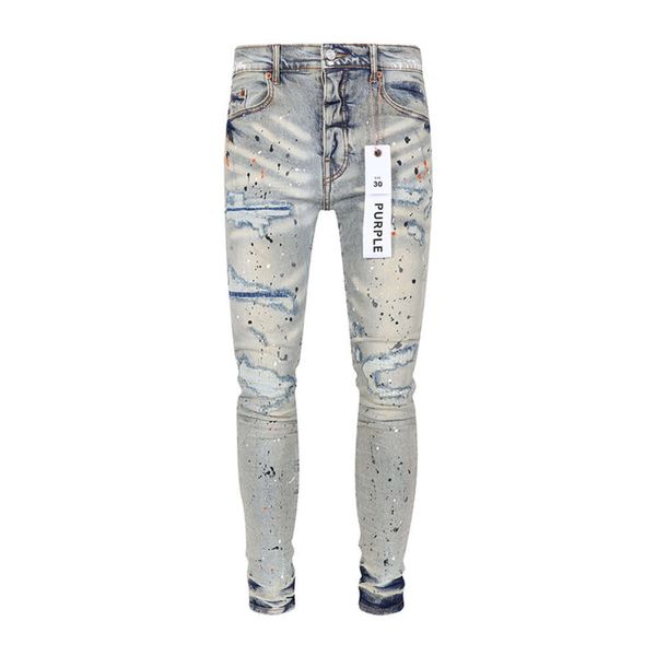 Jeans pourpre designer des hommes en jean violet Brand Trendy Blue Blue Splash à l'encre, coupé des trous, Men's Pants Factory Store en stock pour les ventes directes