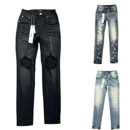 paarse jeans mannen hoge kwaliteit designer jeans miri jeans mode heren jeans motorfiets stijl broek denim broek verontruste gescheurde biker borduurwerk patch L6