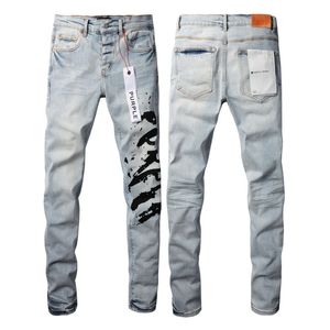 Paarse jeans heren skinny jeans scheurt gaten motorfiets fietser patch splice mode hiphop beroemde print denim broek