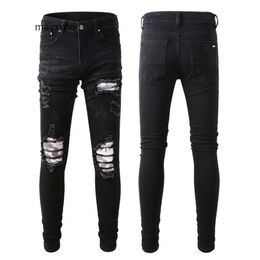 Purple Jeans Mens Fashion Jean 2024 Demin High Street Amiirii modemerk Black Broken Patch Elastic Slim #849 P773