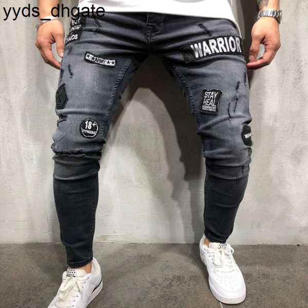 Pantalones vaqueros morados para hombre, moda 2021, bordado con agujeros, hip-hop, ropa ajustada para hombre, talla asiática 5FP9