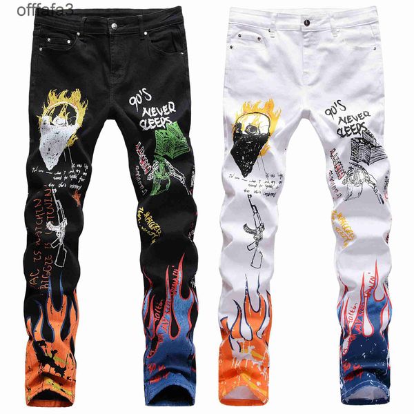 purple jeans mens pant Chaopai High Street Hommes Élastique Slim Fit 3D Couleur Impression Noir Blanc Pantalon Squelette Graffiti Chaomen's Jeans