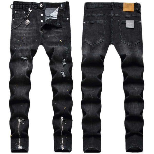 Jean violet pour hommes, pantalon mode italien noir, jambe, double traction, fermeture éclair, peinture décorative, pendentif élastique pour hommes