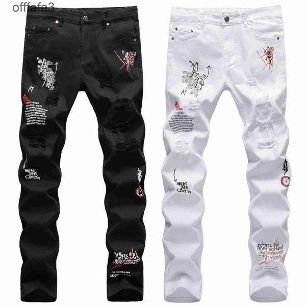 Jeans violets pour hommes, pantalon de marque de mode High Street, trou, impression de broderie anglaise, noir et blanc, coupe slim, petit tube droit, graffiti personnalisé pour hommes